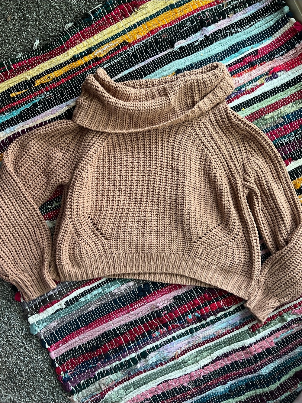 Pink Rose Cropped Tan Cowl Neck Sweater